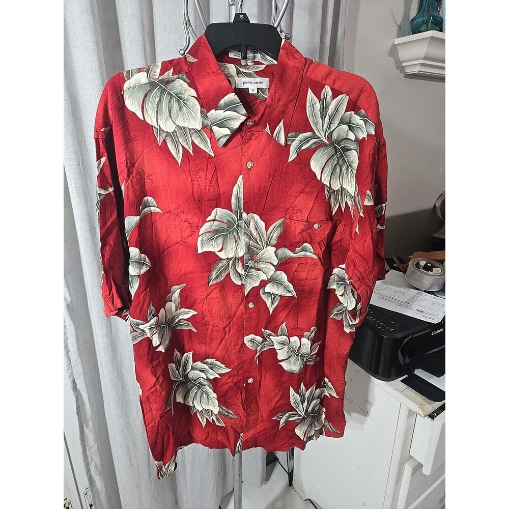 Pierre Cardin Button Up Shirt Mens Sz XL  Red Hawaiian Floral Casual 100% Rayon